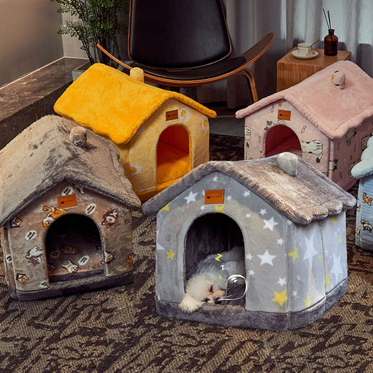 Hlopaw Foldable Dog & Cat Bed – Warm Winter Pet House with Removable Plush Nest and Non-Slip Bottom