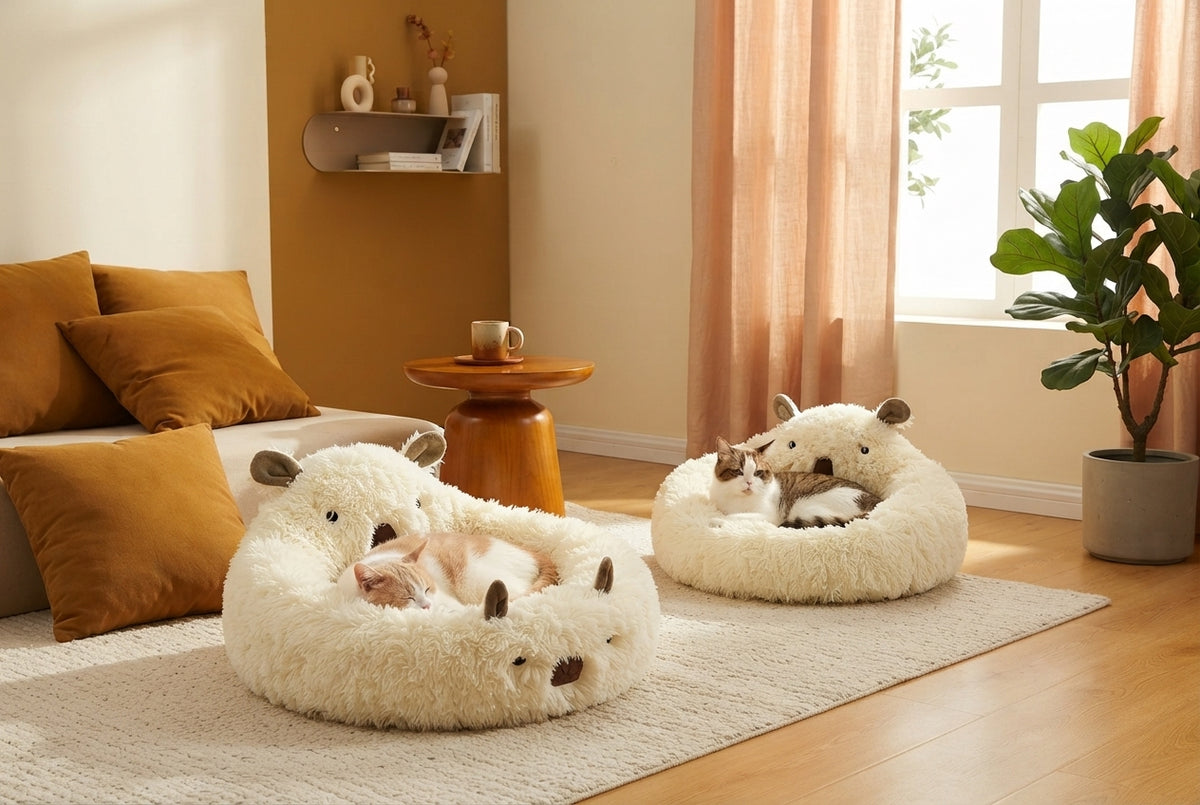 A cozy cat bed in a sunlit room with soft ochre and cream decor, featuring a cat resting inside.