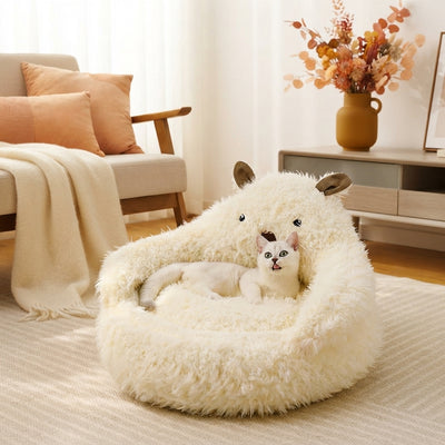 A plush, breathable BeiYu Pet winter bed for cats placed in a cozy living room decorated with warm cream, peach, and ochre ac